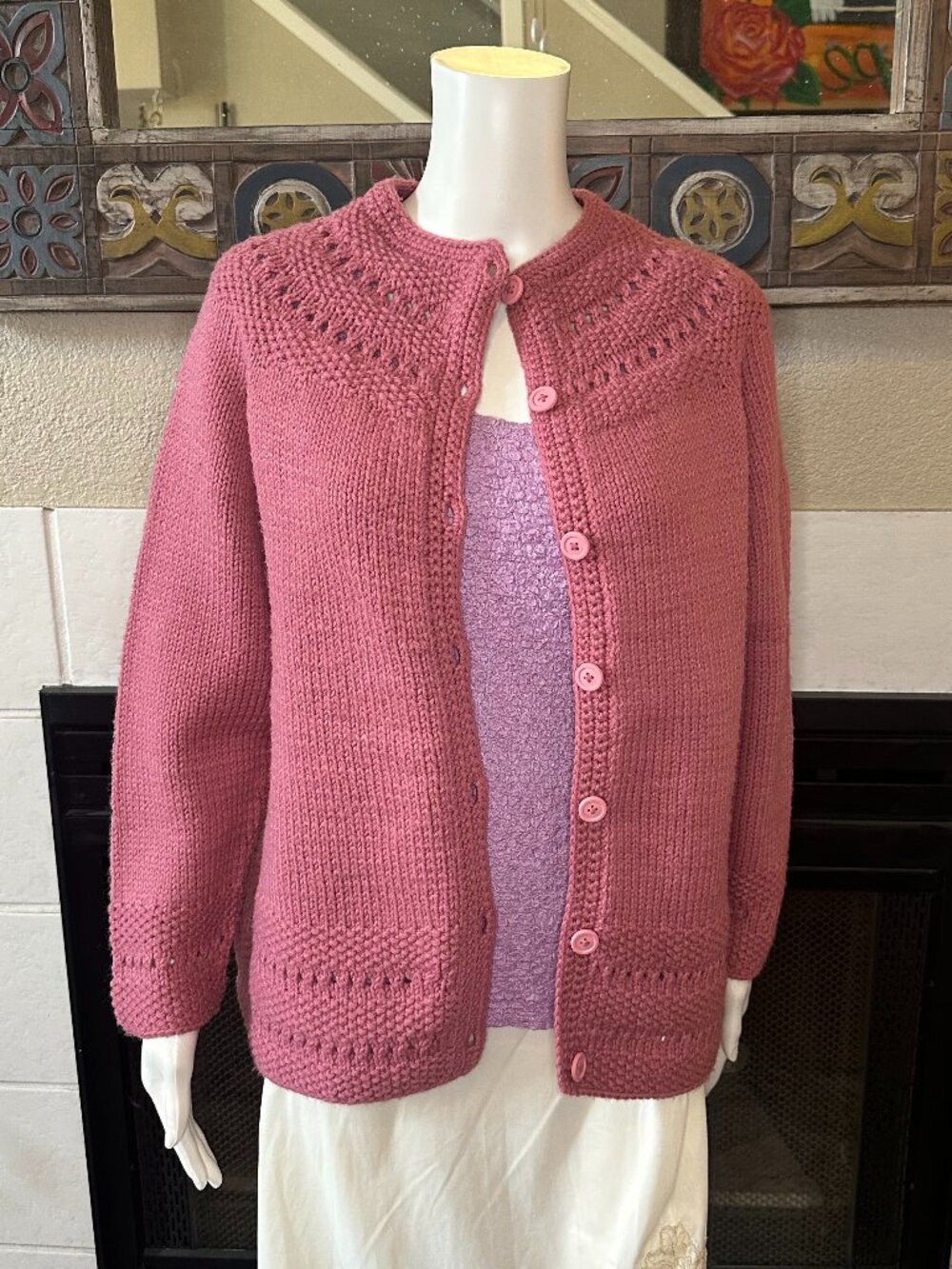 Vtg Handmade Knitted Rose Pink Chunky Knit Heavy Button Up Cardigan Jacket XL